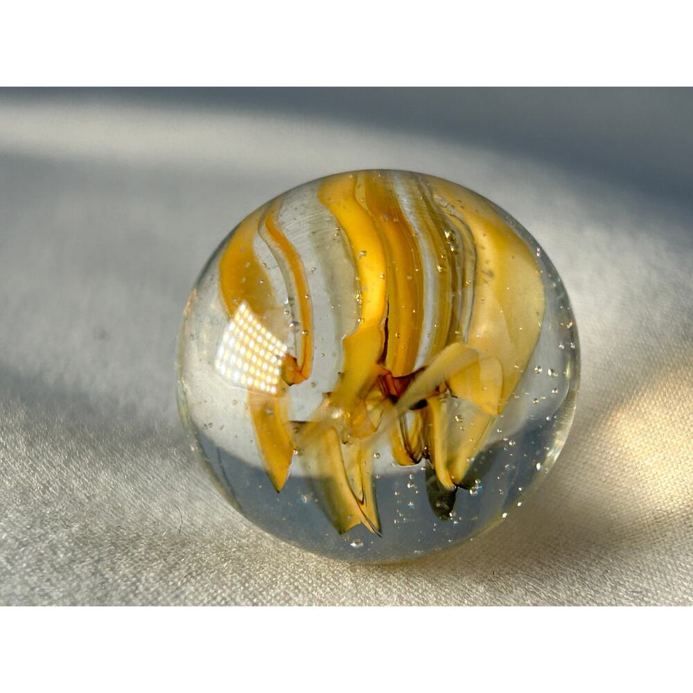 Handmade Art Glass Marble Yellow Ribbon Swirl Clear Base 0.95 Inch - Picture 3 of 5